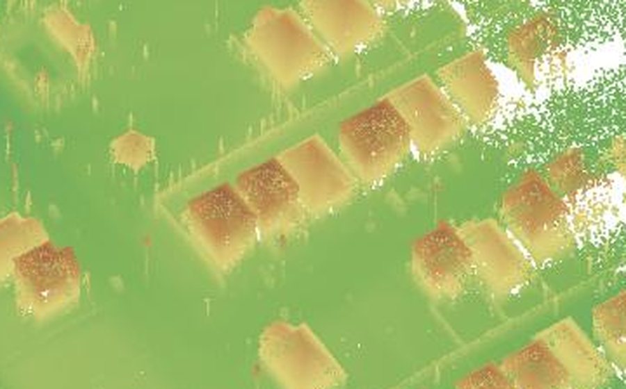 Point cloud showing buildings standing up in 3D relief