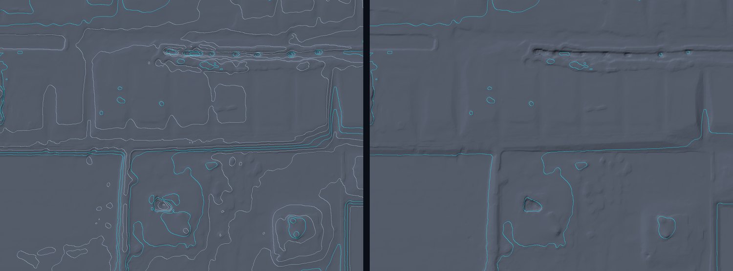 The same site contoured twice side by side: on the left a dense set of closely spaced 1-foot contour lines, on the right a much sparser set of 5-foot lines over identical ground