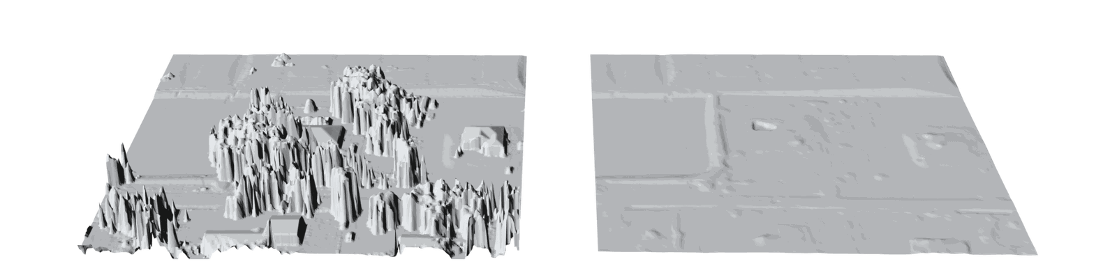 The same 160-metre area rendered twice: on the left the DSM, where tree canopy and houses stand up off the ground; on the right the DEM, a smooth bare-earth surface where only the graded pads and road edges remain