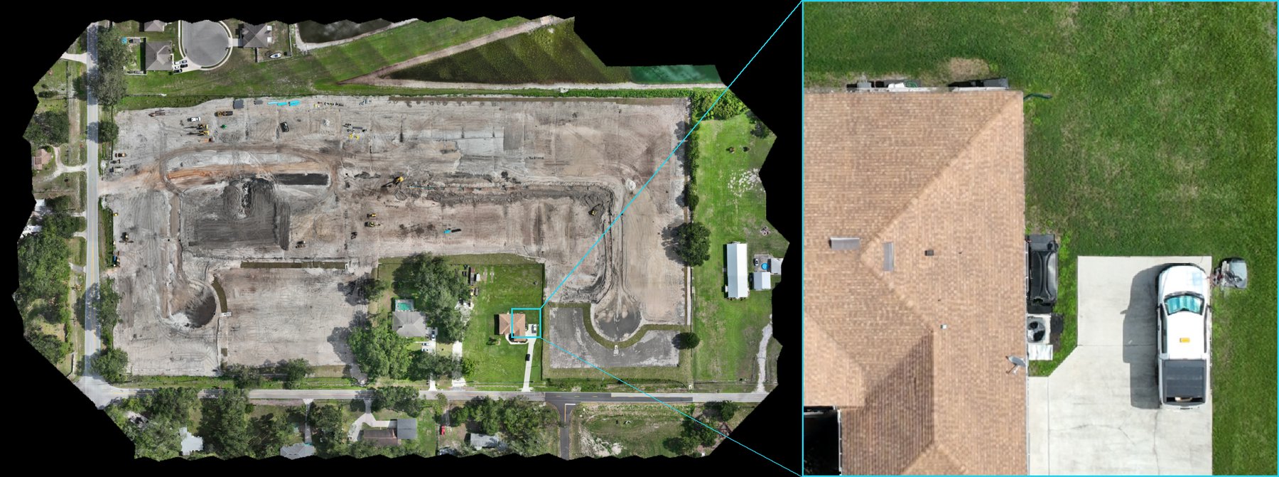 A whole construction site as one seamless top-down orthomosaic on the left, with a cyan box marking a small area that is shown at full native resolution on the right, where a house roof, driveway, a van and a car are individually distinguishable