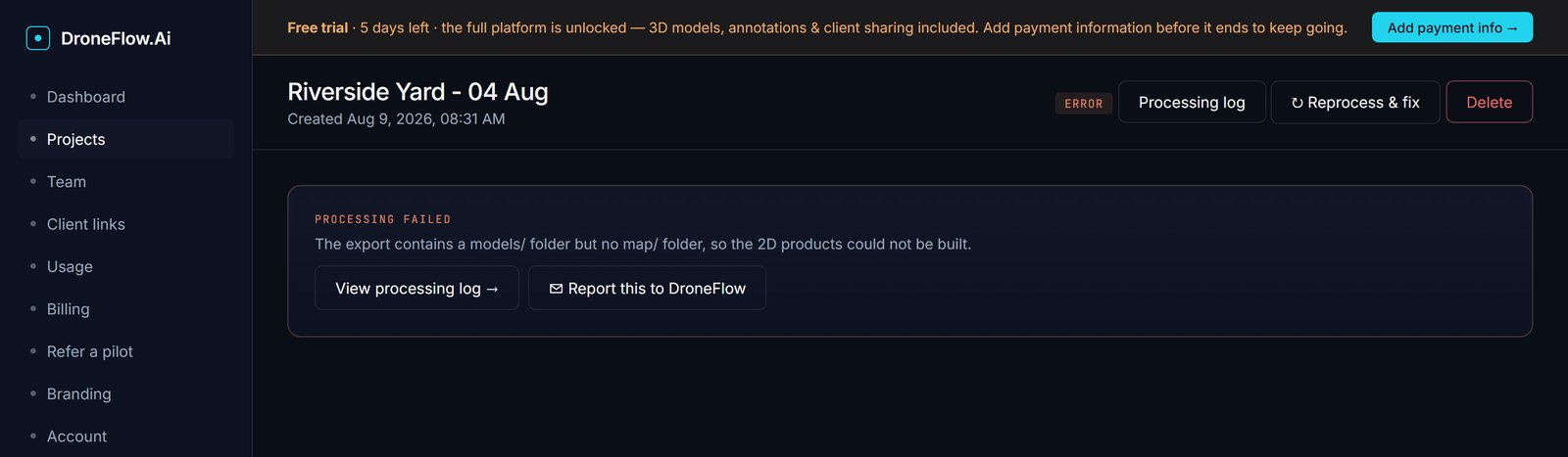 A failed DroneFlow project page: the project name, a red ERROR badge, a stated reason reading "The export contains a models/ folder but no map/ folder, so the 2D products could not be built", and buttons for the processing log and Reprocess & fix.