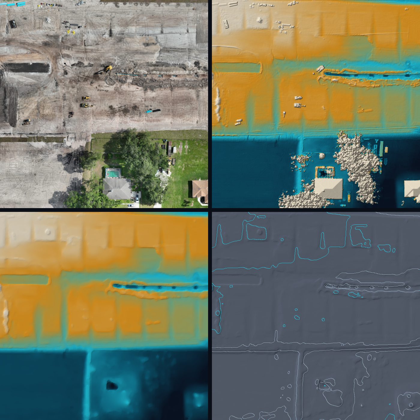 One 167-metre square of a construction site shown four ways: the orthomosaic photograph, the digital surface model with tree canopy and rooftops standing out pale above the ground, the digital elevation model with those trees and buildings removed leaving bare earth, and contour lines over shaded relief