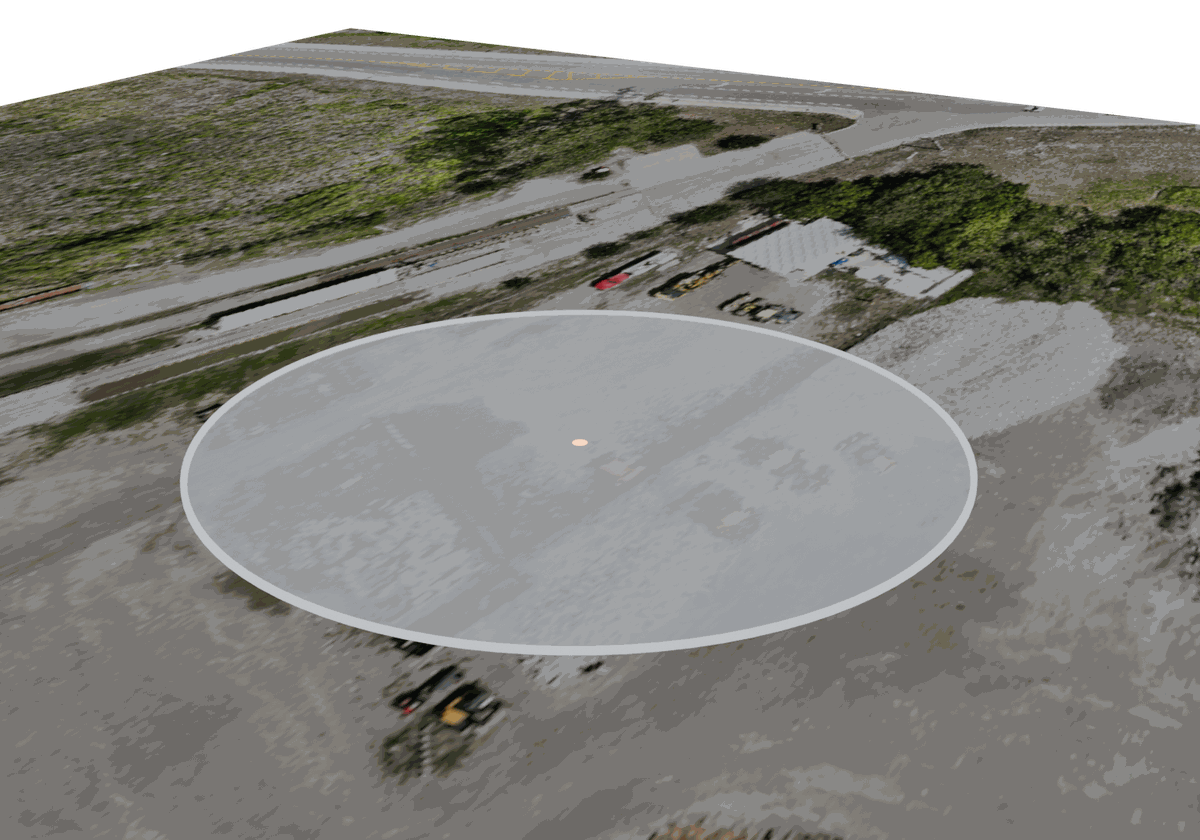 A 1.5 metre consumer-GPS uncertainty disc drawn to true scale on an orthomosaic, next to the 3 centimetre dot an RTK fix produces
