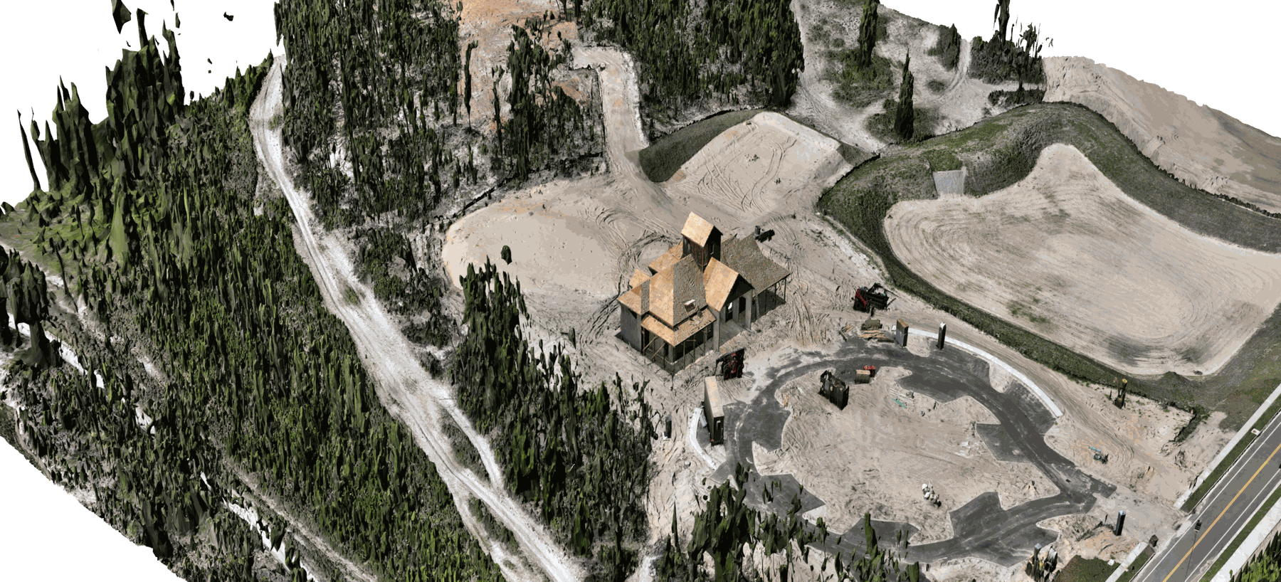 Photo-real 3D reconstruction of the SageBrush site: a timber-framed house under construction, a paved cul-de-sac, graded lot pads, a retention pond and tree canopy, viewed obliquely from the air
